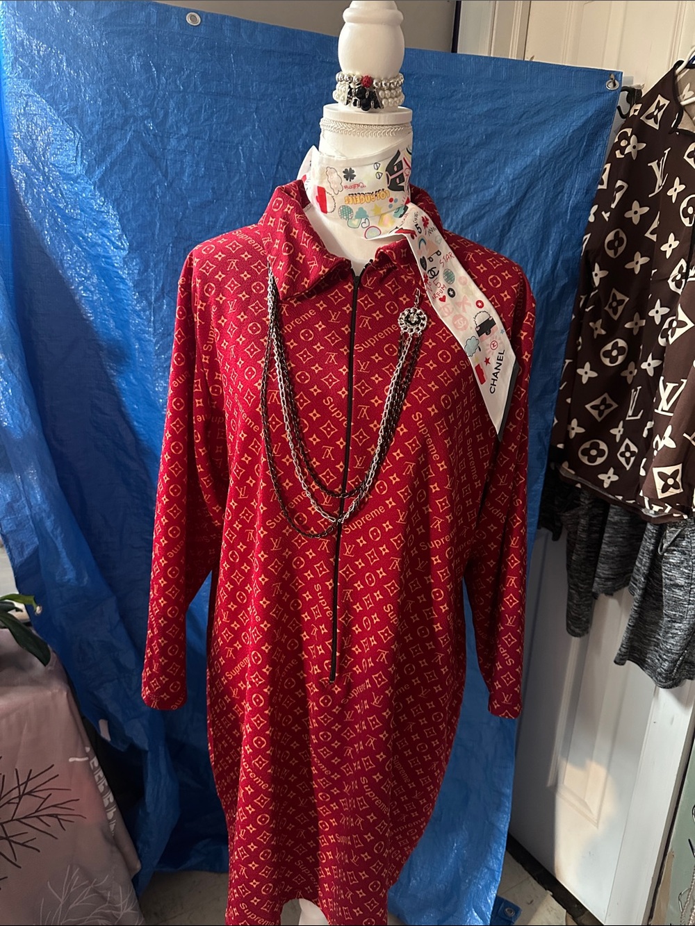 Red Designer Logo-Print Long Sleeve Top Dress